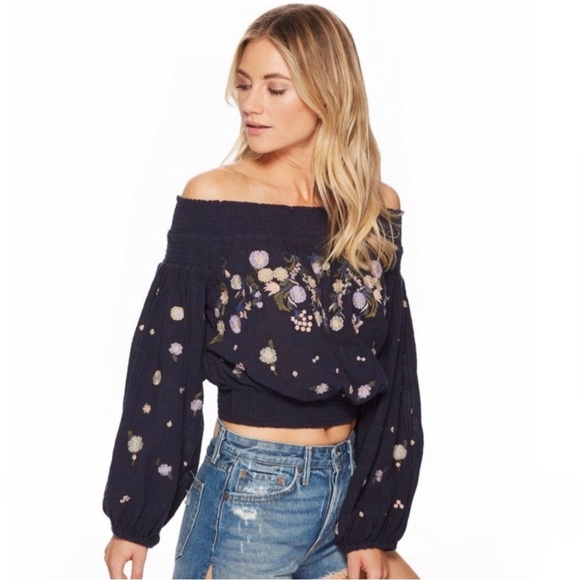 Free People Embroidered Off the Shoulder Top | Navy Size - Large - Picture 4 of 13